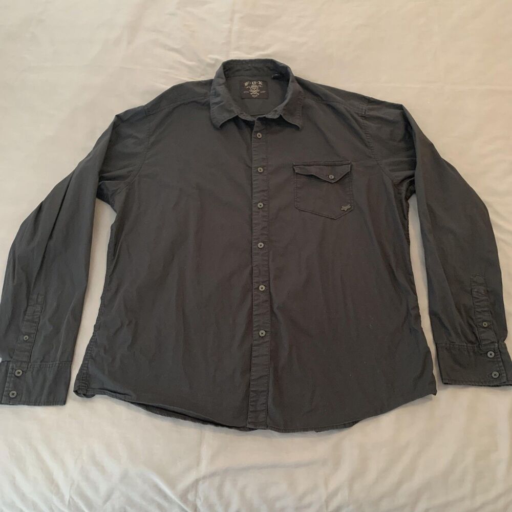 Fox Shirt Mens 2XL Black Long Sleeve Button Up Casual Skull Logo Pocket Moto‎